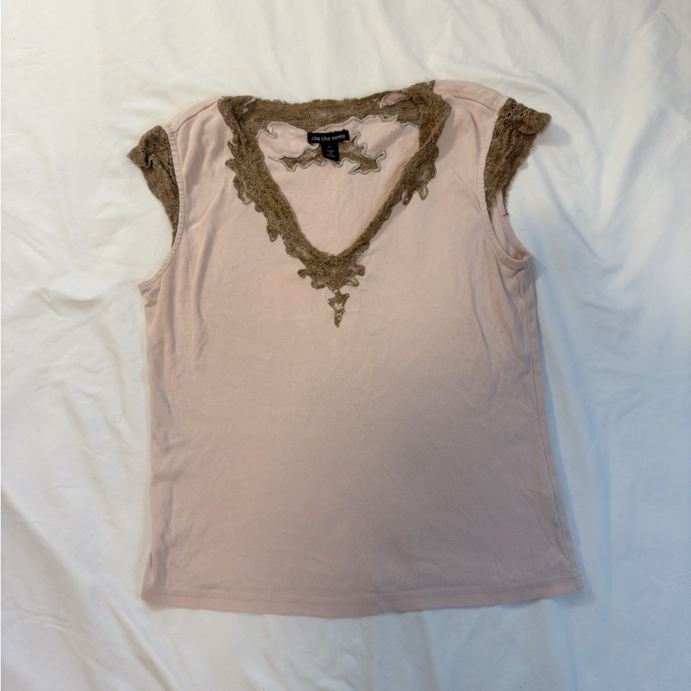 Cha Cha Vente Pink and Brown Lace Accent Top